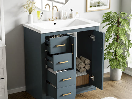 Ceramic Sink Combo, Freestanding Vanity Set With 3 Drawers & Soft Closing Doors