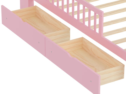 Bed With Headboard Storage Rack, 2 Under Bed Drawers, 3 Side Guardrails For Safety