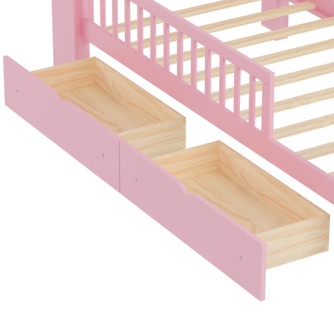 Bed With Headboard Storage Rack, 2 Under Bed Drawers, 3 Side Guardrails For Safety