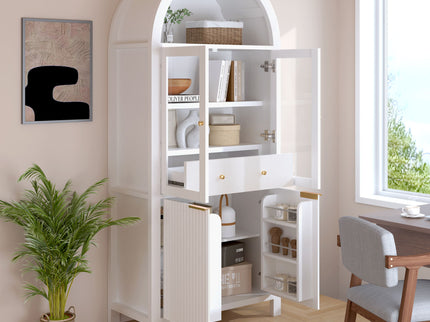 Fluted Tall Arched Pantry Cabinet With Adjustable Shelves, Glass Door & Hidden Drawer For Kitchen