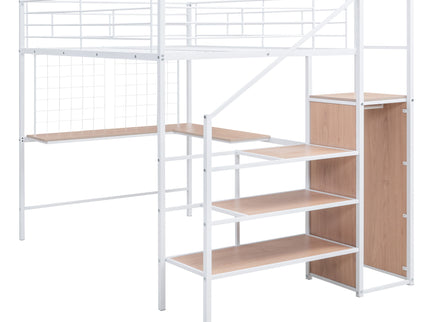 Loft Bed With Desk And Grid, Stylish Frame With Lateral Storage Ladder And Wardrobe