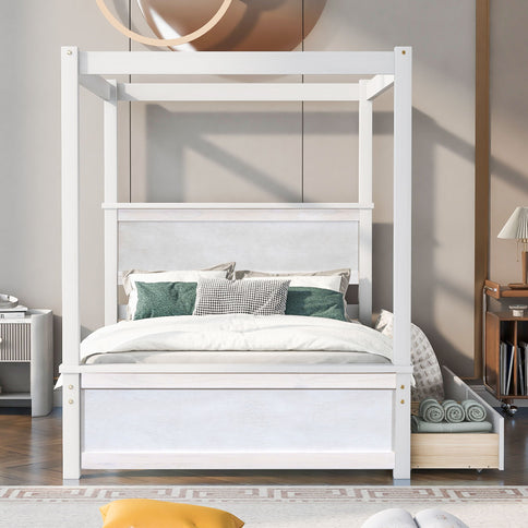Canopy Platform Bed With Drawers, Support Slats, No Box Spring Needed