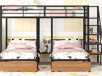 Full Over Twin-Twin Triple Bunk Bed With Drawers And Staircase - Black