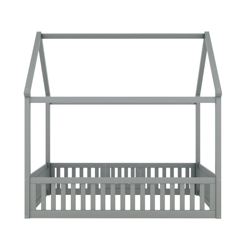 Wood House Bed With Fence And Door