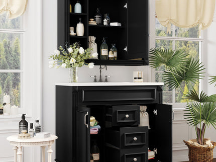 Bathroom Vanity With Top Sink, Mirror Cabinet, 2 Soft Closing Doors & 2 Drawers