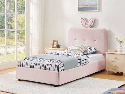 Upholstered Bed With Oversized Rabbit Ear Headboard, LED Lights & 4 Storage Drawers