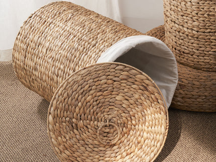 Round Tall Water Hyacinth Woven Wicker Laundry Hamper With Lid - For Clothes, Toys And Book Storage With Removable Liner - 15" X 15" X 20" - Natural Brown