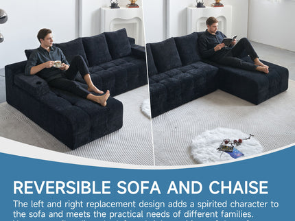 L - Shaped Sectional Sofa With Side Pockets, Wireless Charging, USB Ports, Cup Holder, Bluetooth Speaker, Reversible Lounge Chaise - Black