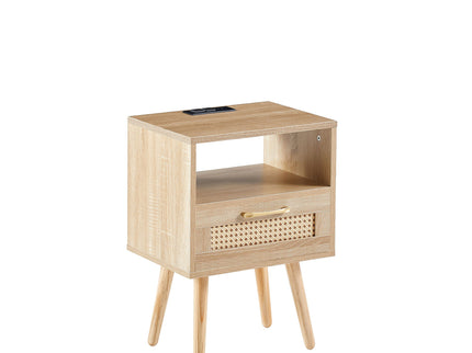 15.75" Rattan End Table With Power Outlet & USB Ports, Modern Nightstand With Drawer And Solid Wood Legs, Side Table For Living Room, Bedroom