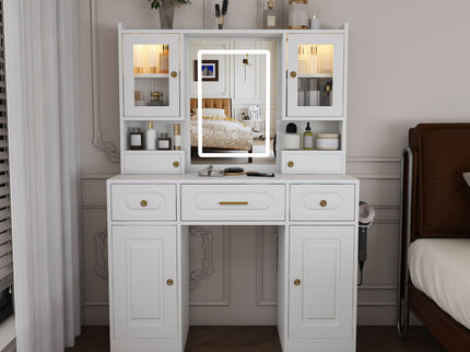 Large Vanity Table Set With Mirror, 6 Drawers & Shelves, Power Socket, Hair Dryer Holder, Cabinet Light, Dressing Desk - White