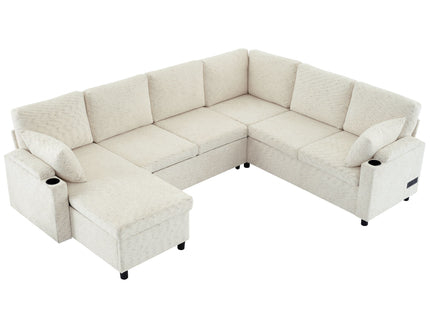 U-Shaped Sectional Sleeper Sofa With Ample Storage Space, 2 Cup Holders And Charging Ports For Living Room