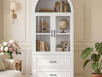Arched Top Storage Cabinet With Fixed 2 Tier Shelves, 2 Large Drawers