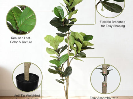 6Ft Real Touch Fake Fiddle Leaf Fig Tree In Pot, Indoor Decor For Home - Green Leaves