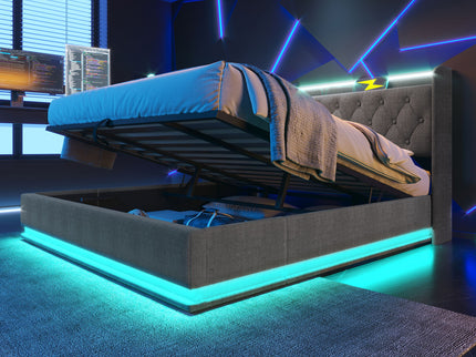 Upholstered Bed, 360 Surround LED Function, Remote Control, Hydraulic Storage Bed With USB, Type-C Charging (Without Mattress)
