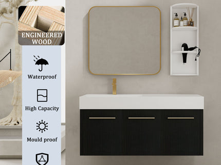 Modern Chestnut Wall Mounted Bathroom Vanity With Left Resin Sink And Storage Rack - Black Chestnut