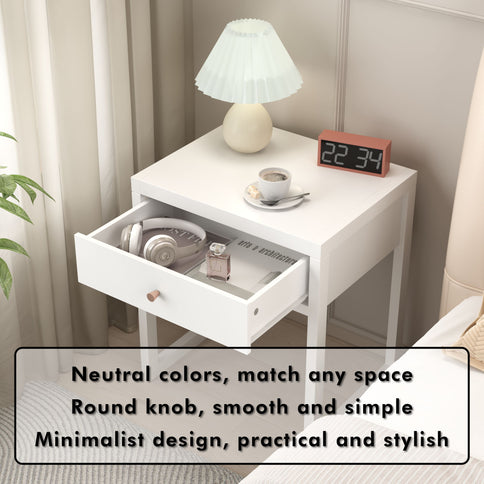 Nightstand With Drawer, Minimalist Bedside Table, Compact End Table For Bedroom - White