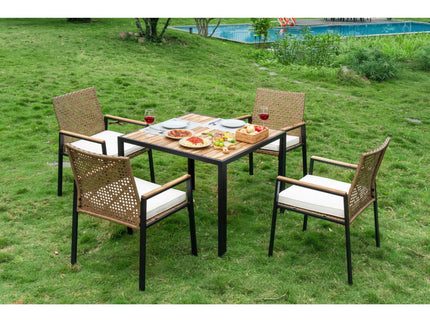 5 Piece Patio Dining Table Set, Acacia Wood Table Top With Umbrella Hole