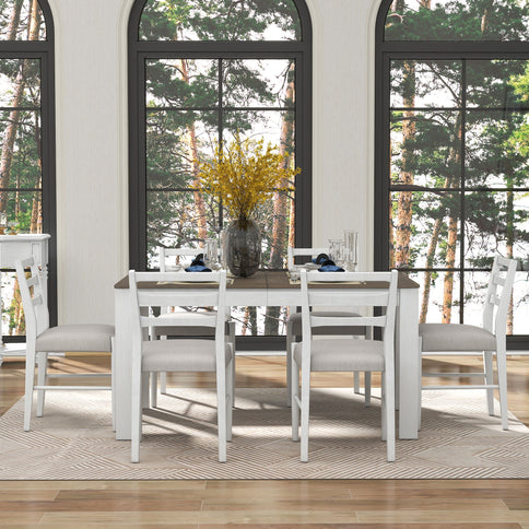 7 Piece Dining Set With Extendable Table, 2 Drawers & 6 Upholstered Chairs