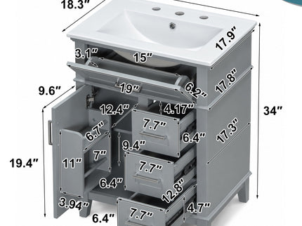 Modern Bathroom Vanity With Sink, Flip Drawer & 3 Drawers, Soft Close Hinges, Adjustable Shelf
