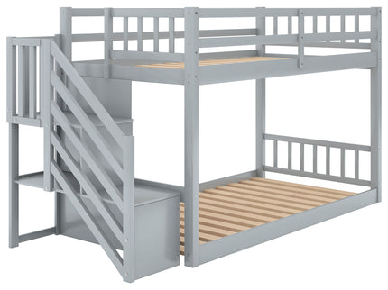 Twin Over Twin Floor Bunk Bed, Ladder With Storage