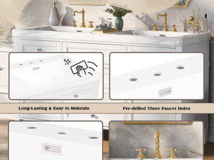 Bathroom Vanity With Double Sink, 3 Drawers, 2 Doors, Adjustable Shelves, Freestanding - White