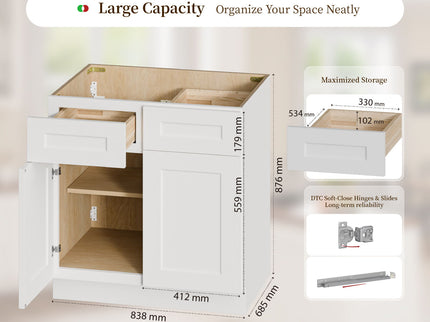 Shaker Base Cabinet With Soft-Close Hinges, Adjustable Shelf