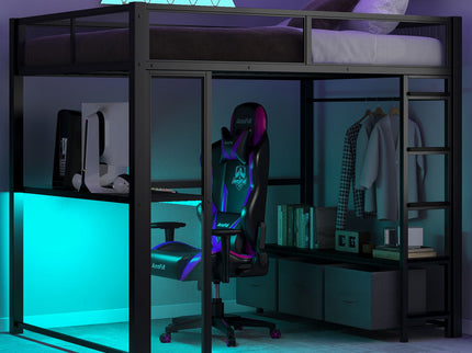 Full Size Gaming Loft Bed With LED Desk, Open Wardrobe, 3 Linen Storage Drawers - Black
