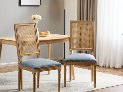 French Country Dining Chair With Rectangular Cane Backrest And Smooth Upholstered Seating