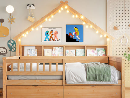 House Style Platform Bed With LED Lights, Storage Shelves, Drawers, And Guardrail