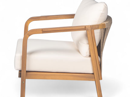 Outdoor Lounge Chair With Woven Backrest, Solid Wood Frame, Comfortable Cushions
