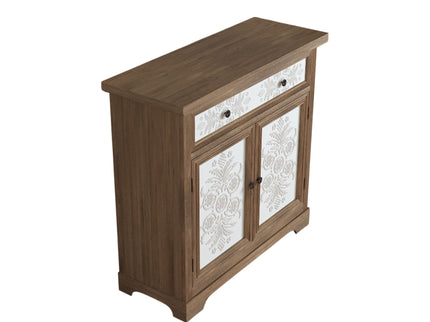 Accent Cabinet With Carved Floral Panels, Sideboard With Drawer And Double Doors - Antique Brown / White