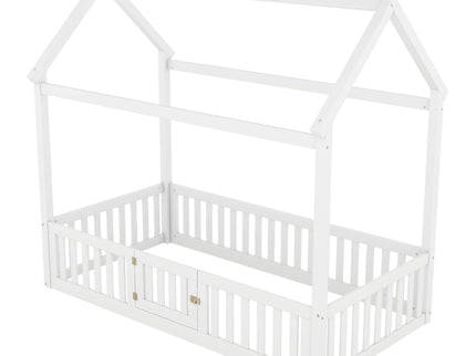 Wood House Bed With Fence And Door