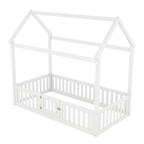 Wood House Bed With Fence And Door