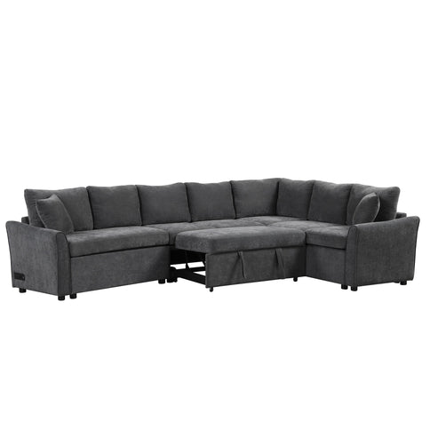 L-Shaped Sofa Convertible Sofa Bed Pull Out Sofa Sleeper With Two Back Pillows, Two USB Ports And Two Power Sockets For Living Room