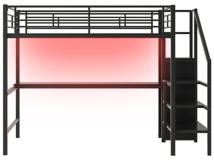 Full Size Loft Bed With Desk, Storage Staircase, Small Wardrobe And LED Light - Black