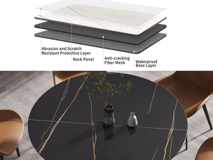 Round Modern Artificial Stone Carbon Steel Base Dining Table, Can Accommodate 6 People - Black