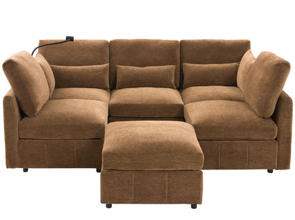 Modern Modular U-Shaped Sofa Bed With Movable Ottoman, USB Ports, Phone Holder