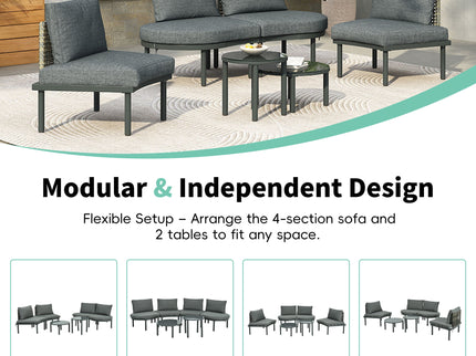 6 Piece Patio Set, Half Moon Outdoor Sectional Sofa With 2 High Low Coffee Tables, 4 Pillows & Cushions