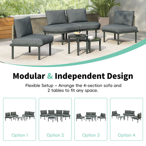 6 Piece Patio Set, Half Moon Outdoor Sectional Sofa With 2 High Low Coffee Tables, 4 Pillows & Cushions