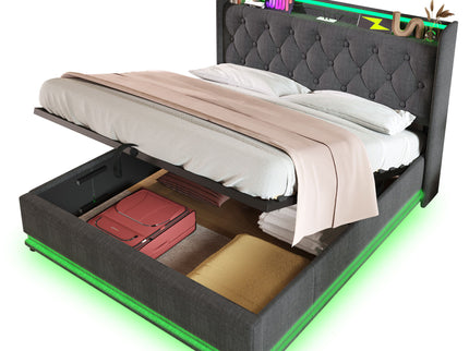 Upholstered Bed, 360 Surround LED Function, Remote Control, Hydraulic Storage Bed With USB, Type-C Charging (Without Mattress)