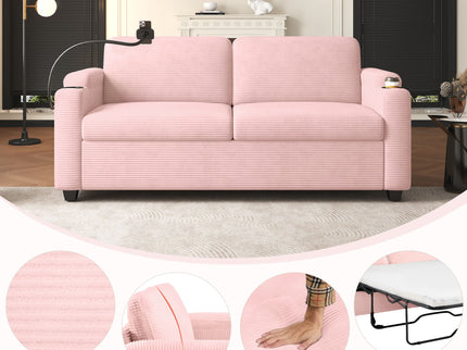 Sleeper Sofa Loveseat Sofa With Full Size Mattress, 2 USB Ports, 2 Cup Holders, 2 Side Pockets And Phone Holder