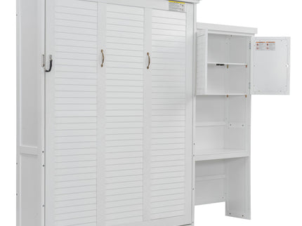 Queen Size Murphy Bed With Louvered Design And Multiple Storage Shelves - White