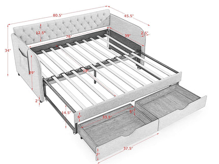 Daybed With Trundle And Storage Drawers, Flat Arms With Pocket