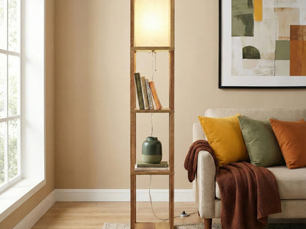 Pinnacle - Shelf Floor Lamp For Bedroom / Living Room, Long Shade - Natural Wood / White