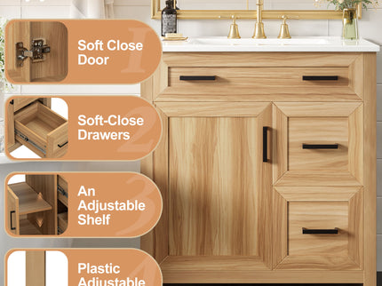 Bathroom Vanity With Sink, 2 Soft Close Drawers, 1 Soft Close Door, Adjustable Shelf