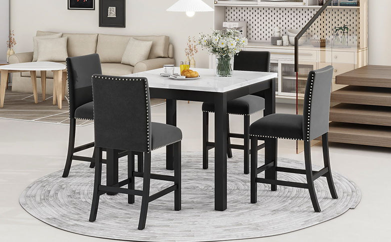 5-Piece Counter Height Dining Table Set With One Faux Marble Top Dining Table And Four Upholstered Chairs