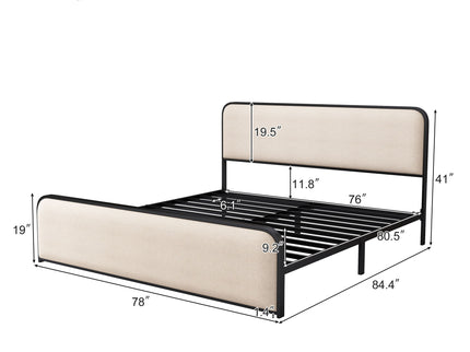 Modern Bed With Curved Upholstered Headboard And Footboard, Heavy Duty Metal Slats