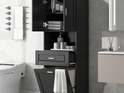 Tall Bathroom Cabinet With Tilt-Out Laundry Basket And Upper Storage