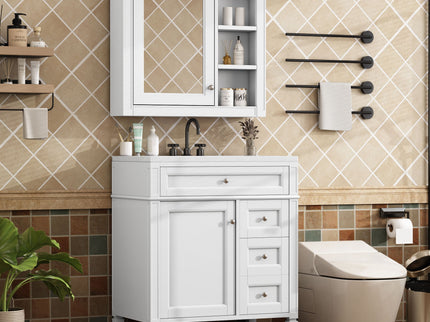 Bathroom Vanity With Top Sink, 2 Doors And 3 Drawers, Freestanding Set With Mirror Cabinet