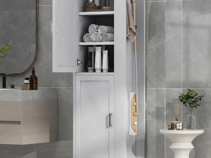 Tall Freestanding Bathroom Storage Cabinet With Adjustable Shelves And Side Hooks